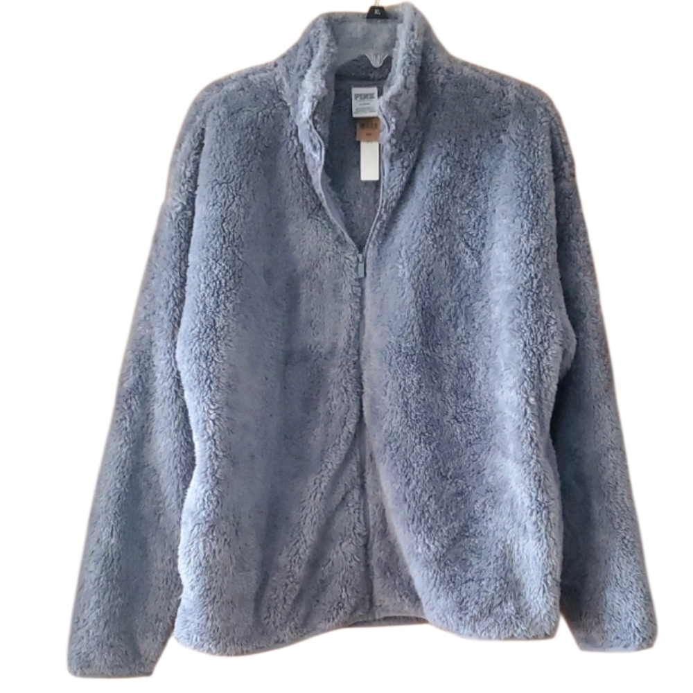 Pink By Victoria's Secret Soft Gray Teddy Sherpa Full Zip Jacket Size Medium